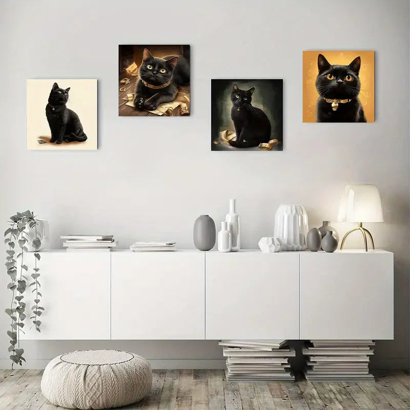 4pcs Black Lucky Cat Canvas Art Prints Wall Art Canvas Framed