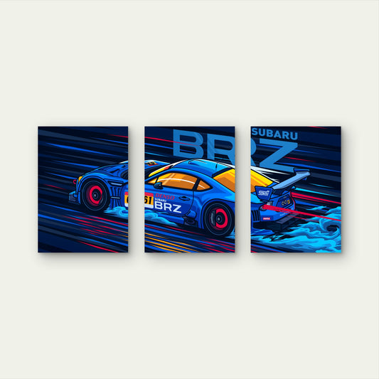 3pcs Indigo Cyberpunk Circuit Racing Metal Print Ready to Hang Art