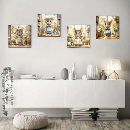 4pcs Field Mouse Lady Elegant Wall Art Canvas Framed