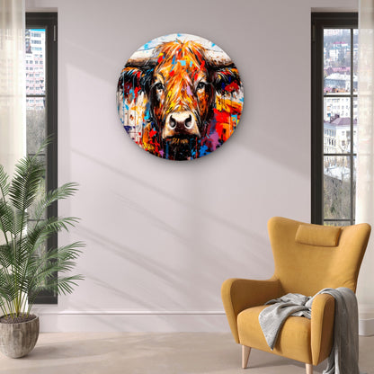Multi-Color Abstract Highland Cow Acrylic Glass Rounded Print Tempered Glass Wall Art 100% Made in Australia Ready to Hang
