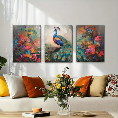 3pcs Colorful Peacock and Floral Vibrant Plumage Metal Print Ready to Hang Art