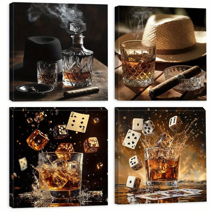 4pcs Whiskey Posters, Decorative Artwork  Wall Art Canvas Framed