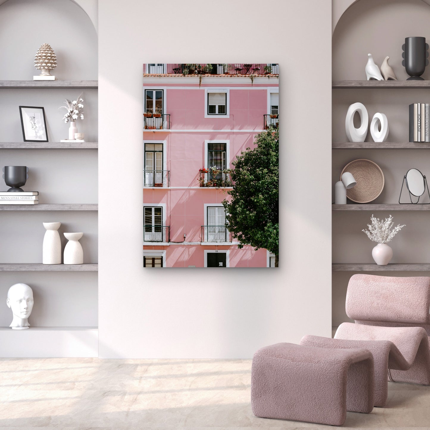 Photograph Of A Pink Commercial Building Lisbon Portugal 60x90cm Metal Print Ready to Hang