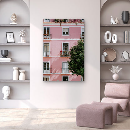 Photograph Of A Pink Commercial Building Lisbon Portugal 60x90cm Metal Print Ready to Hang