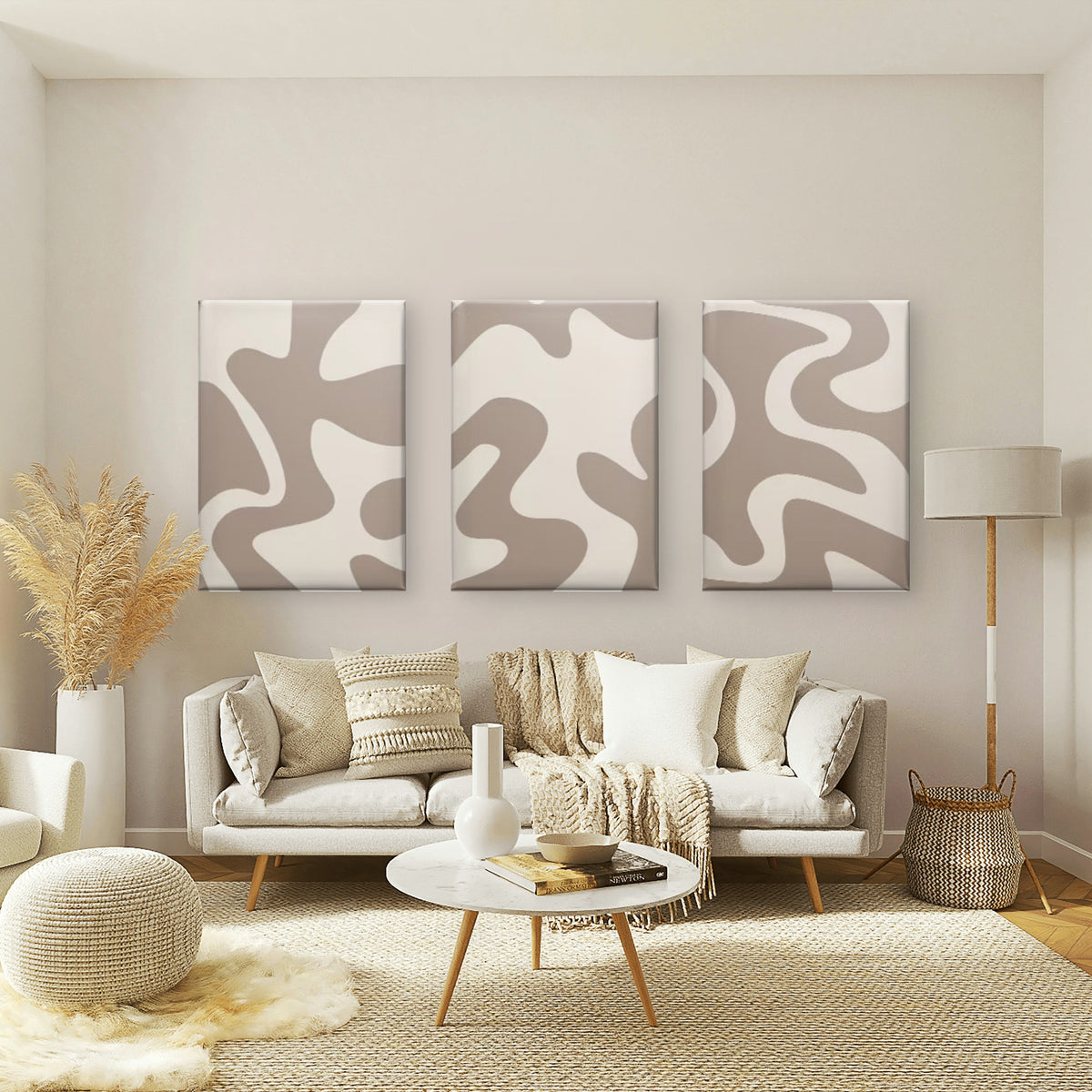 3pcs Minimalist Beige Cream Abstract Wavy Fluid Neutral Japandi Wall Art Set Canvas Framed 50x70cm - High Quality Print 100% Australian Made Wall Canvas Ready to Hang