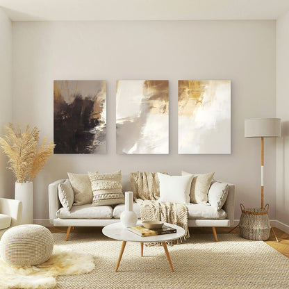 3pcs Dark Brown Beige Cream Ochre Brushstroke Wall Art Set Canvas Framed 60x90cm - High Quality Print 100% Australian Made Wall Canvas Ready to Hang