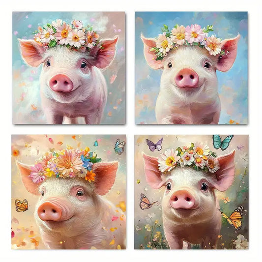 4pcs  Painting Funny Piggy and Pink  Wall Art Canvas Framed