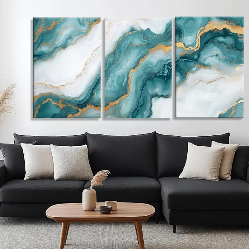 3pcs Teal and Golden Abstract Fluid Marble Effect Metal Print Ready to Hang Art
