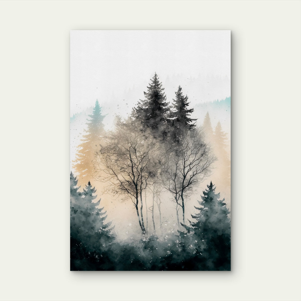 Layered Forest Landscape in Monochrome Watercolor 60x90cm Metal Print Ready to Hang