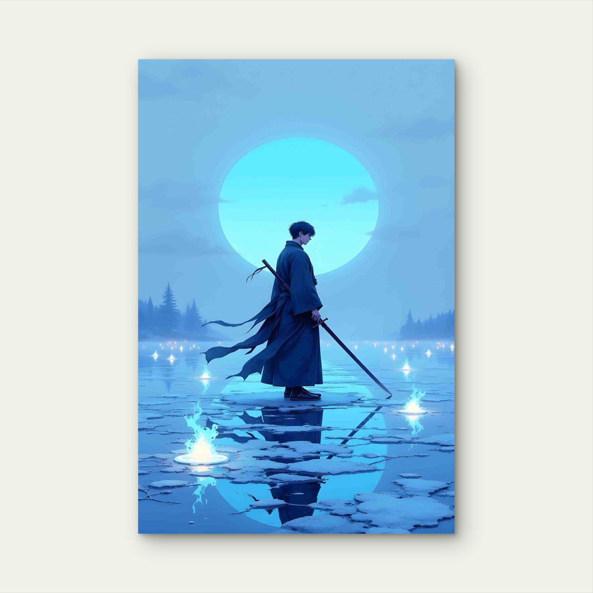 Lone Samurai Icy Lake Glowing Moon 60x90cm Metal Print Ready to Hang
