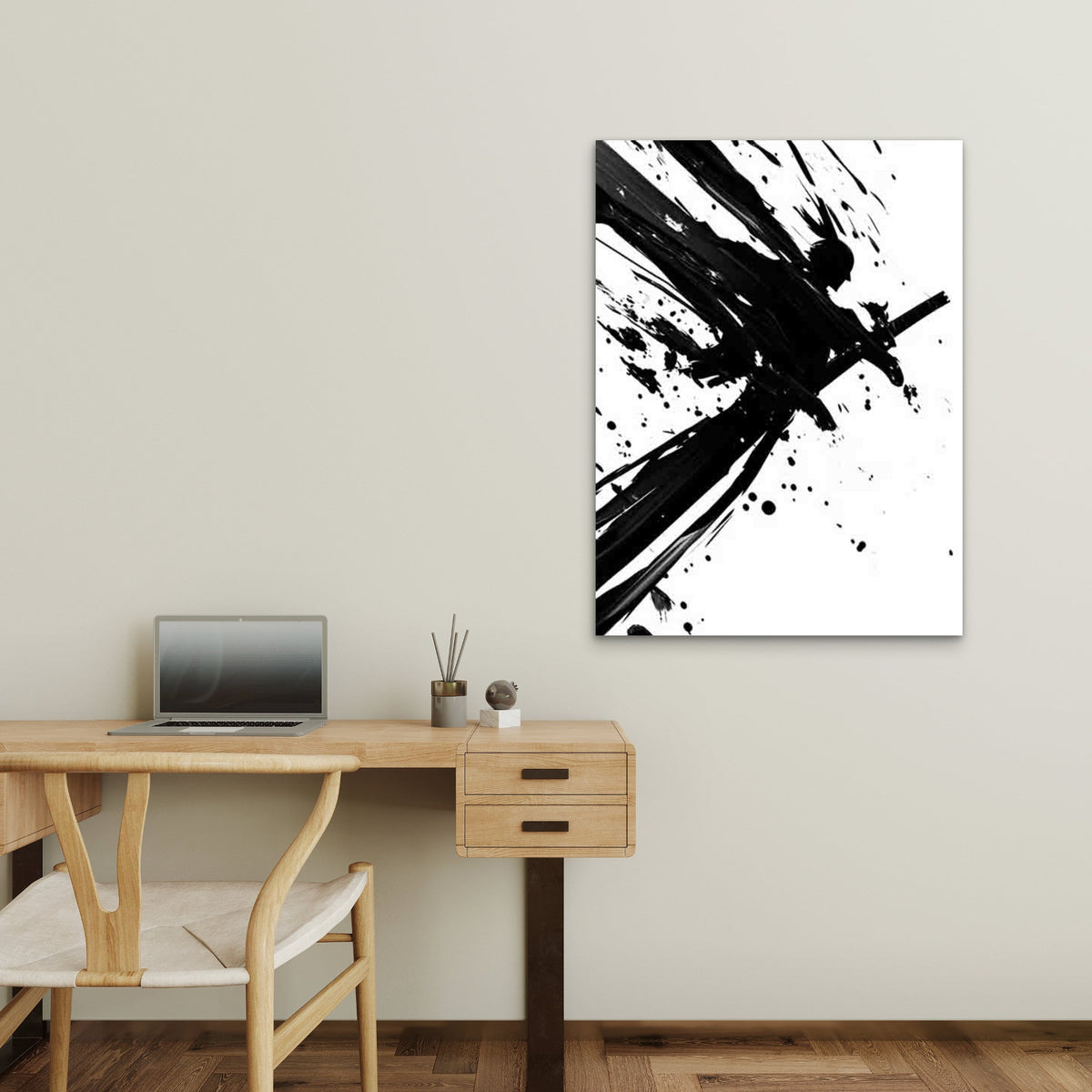 Samurai Warrior Black Ink Splatter Abstract 40x60cm Metal Print Ready to Hang