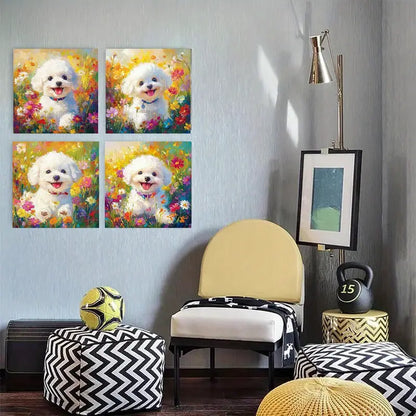 4pcs Adorable White Dog with Smiling RE  Wall Art Canvas Framed