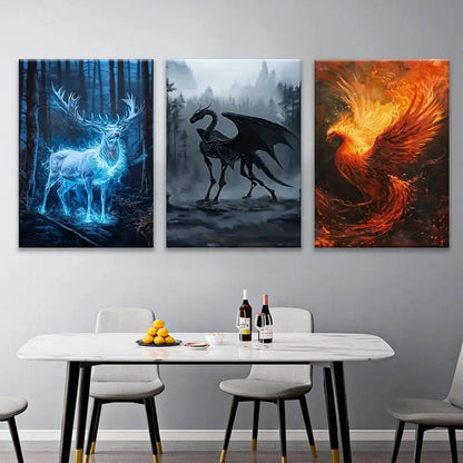 3pcs Vintage Style Deer Dragon Pheonix Bird Metal Print Ready to Hang Art