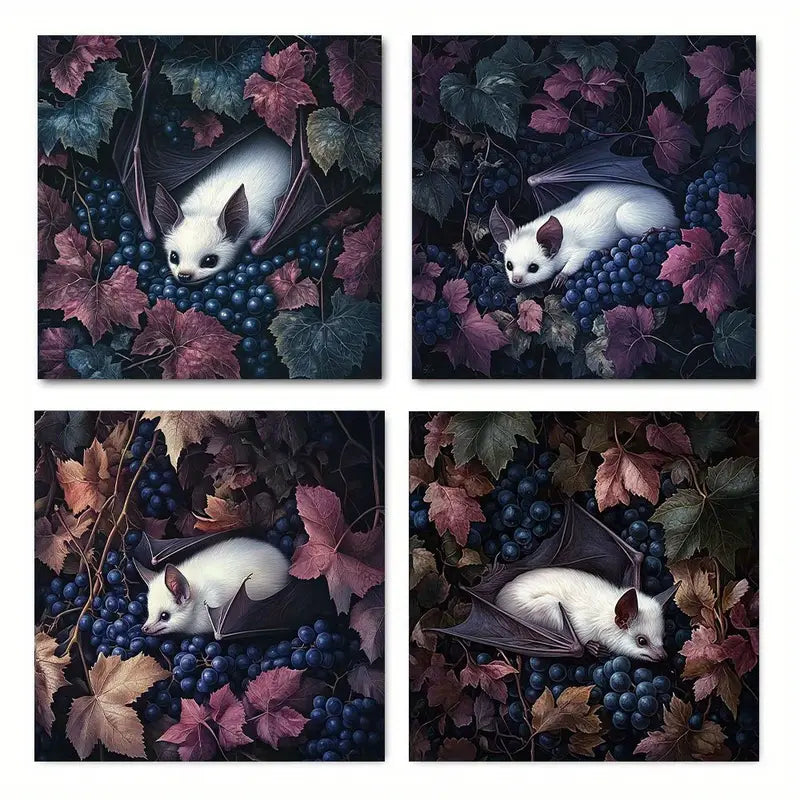 4pcs White Bat Resting on Vibrant Grape  Wall Art Canvas Framed