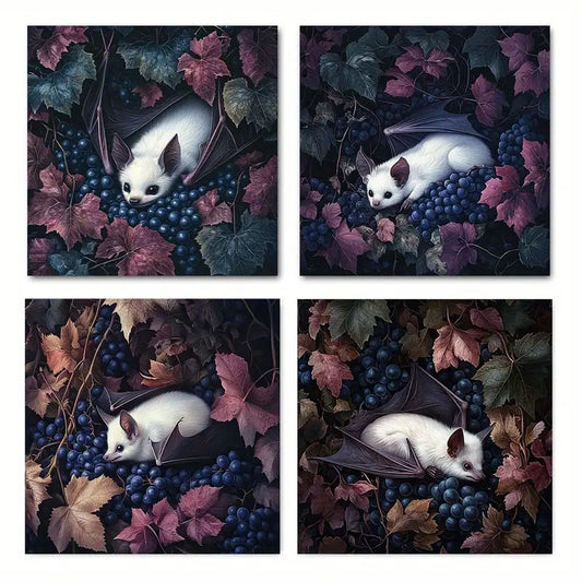 4pcs White Bat Resting on Vibrant Grape  Wall Art Canvas Framed