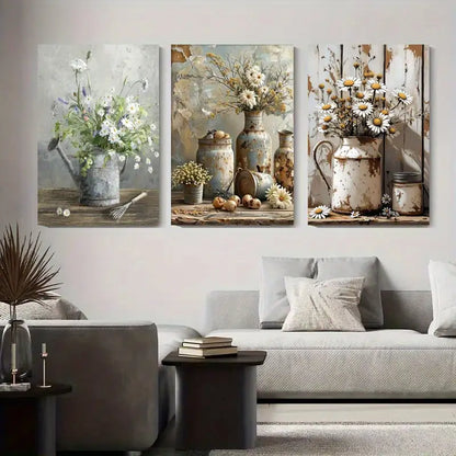 3pcs Rustic Daisy Flower Vintage Style Floral Metal Print Ready to Hang Art