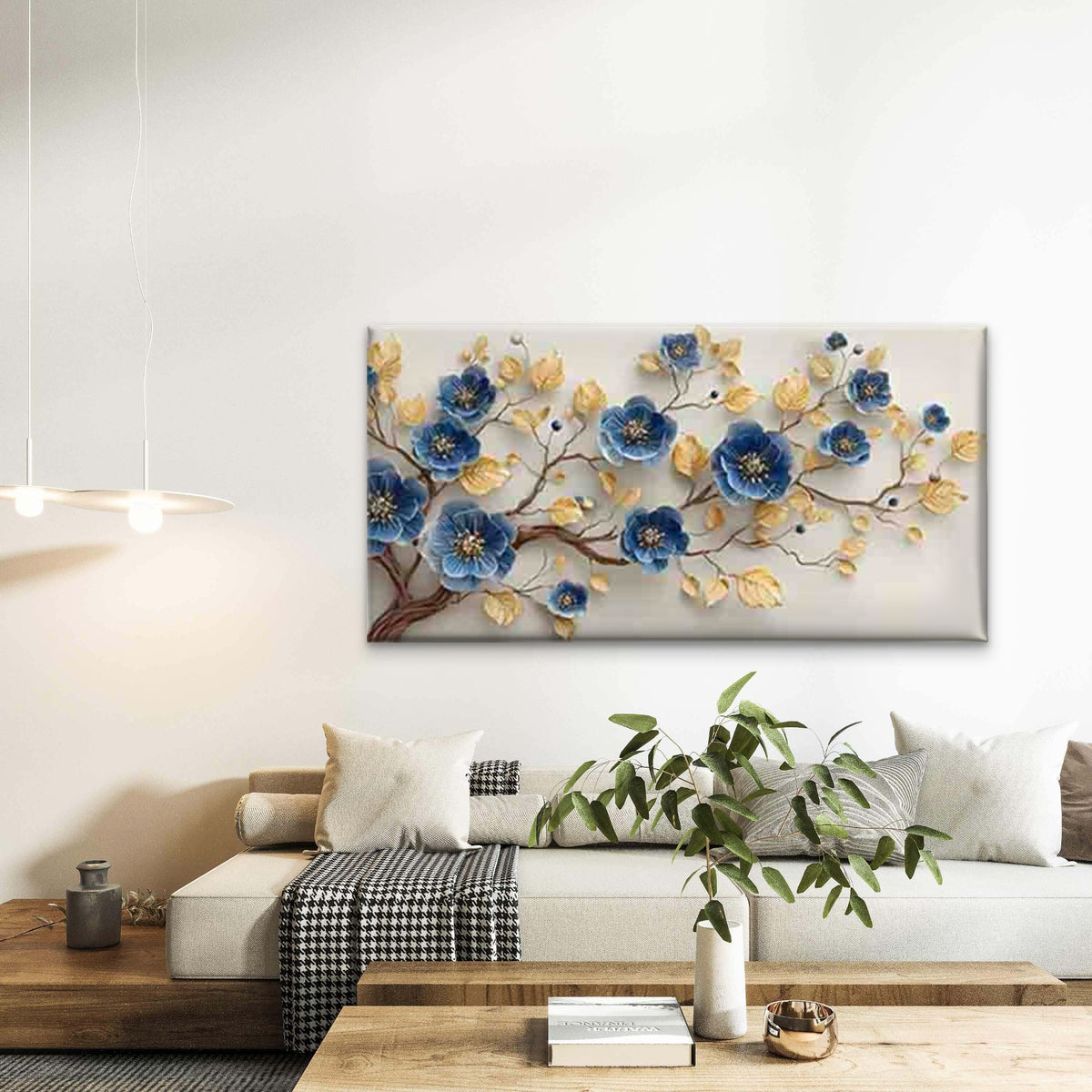 Blue Flower And Golden Leaf Wall Art Canvas Office Home Room Framed 120x60cm