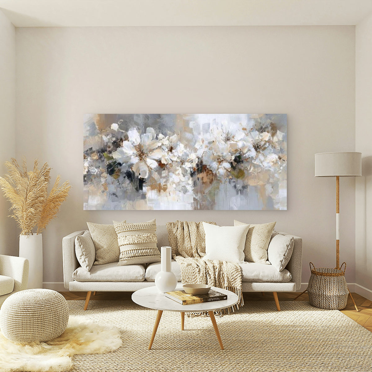 Soft Neutral Floral Wall Art Canvas Office Home Room Framed 120x60cm