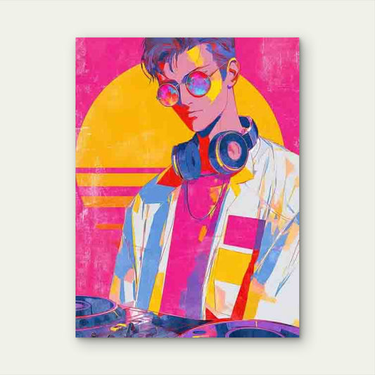 Vintage DJ with Pink Headphones 60x90cm Metal Print Ready to Hang