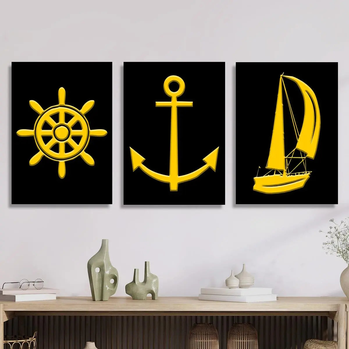 3pcs Yellow anchor, sailboat, Golden nautical silhouette Metal Print Ready to Hang Art