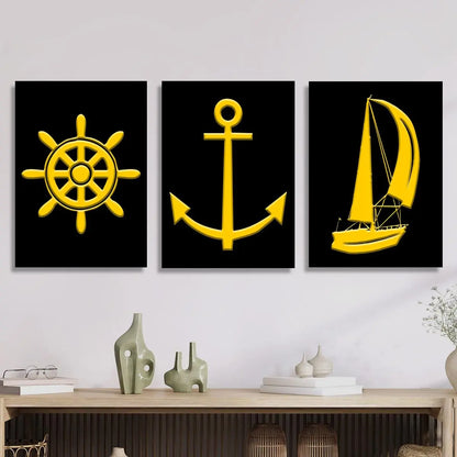 3pcs Yellow anchor, sailboat, Golden nautical silhouette Metal Print Ready to Hang Art