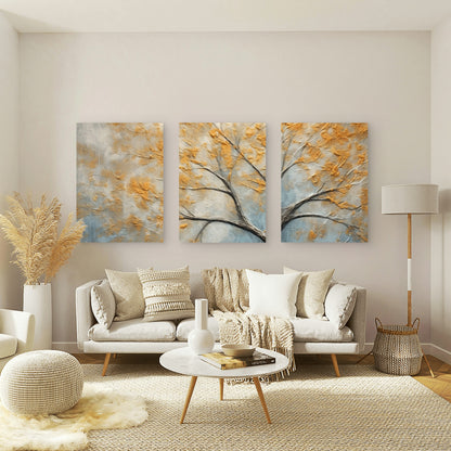 3pcs Modern Abstract Textured Gold Tree Forest Wall Art Set Canvas Framed 60x90cm - High Quality Print 100% Australian Made Wall Canvas Ready to Hang
