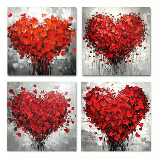 4pcs Romantic Red Heart Design Wall Art Canvas Framed