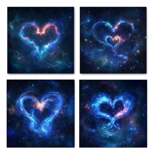 4pcs Vibrant Heart Nebula Designs In Blue, Pink Wall Art Canvas Framed