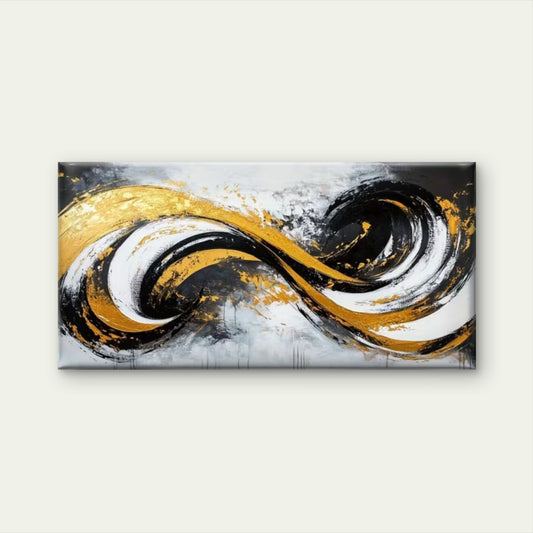 Bold Black White Golden Swirls Wall Art Canvas Office Home Room Framed 120x60cm