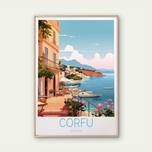 Corfu Greece, Coast and Beautiful Houses Travel Poster Print Wall Art