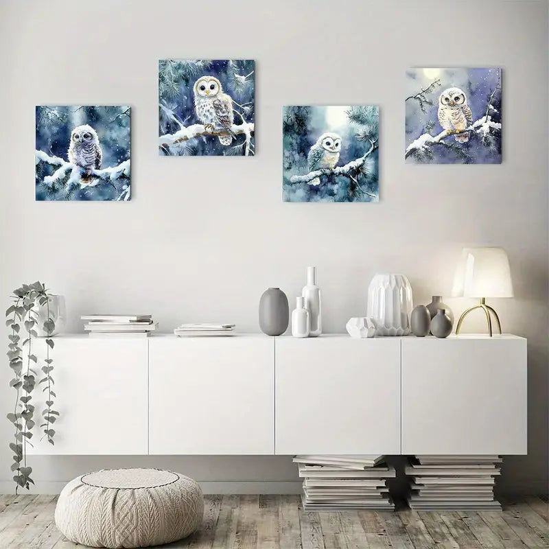 4pcs Arctic Snowy Owl In Winter Forest Wall Art Canvas Framed