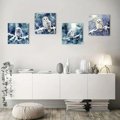 4pcs Arctic Snowy Owl In Winter Forest Wall Art Canvas Framed