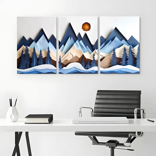 3pcs Minimalist Woodcut Style Mountain Tree Metal Print Ready to Hang Art
