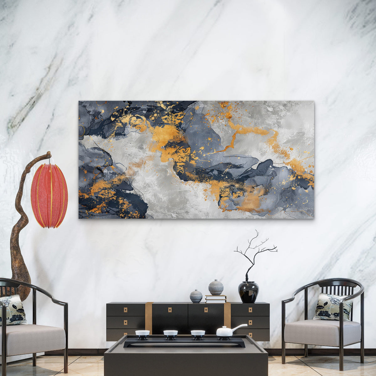 Midnight Gold Marble Flow Wall Art Canvas Office Home Room Framed 120x60cm