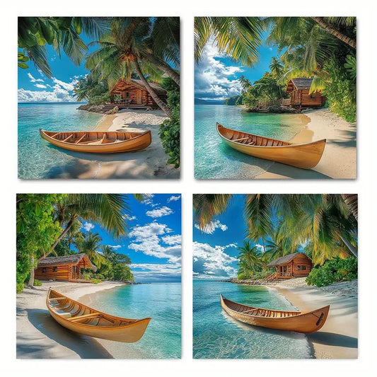 4pcs Tropical Beach Scene with Boat j h     Wall Art Canvas Framed