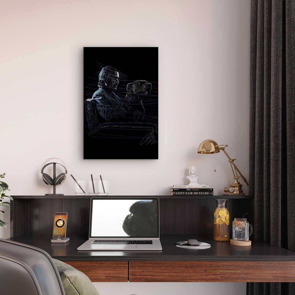 Minimalist Noir Scribble Portrait Graphic 60x90cm Metal Print Ready to Hang