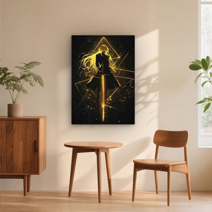 Blonde Warrior with Glowing Sword 60x90cm Metal Print Ready to Hang