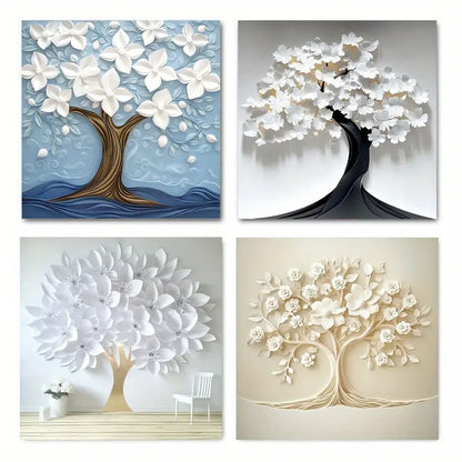 4pcs Nordic White Flowe With Tree Design Wall Art Canvas Framed