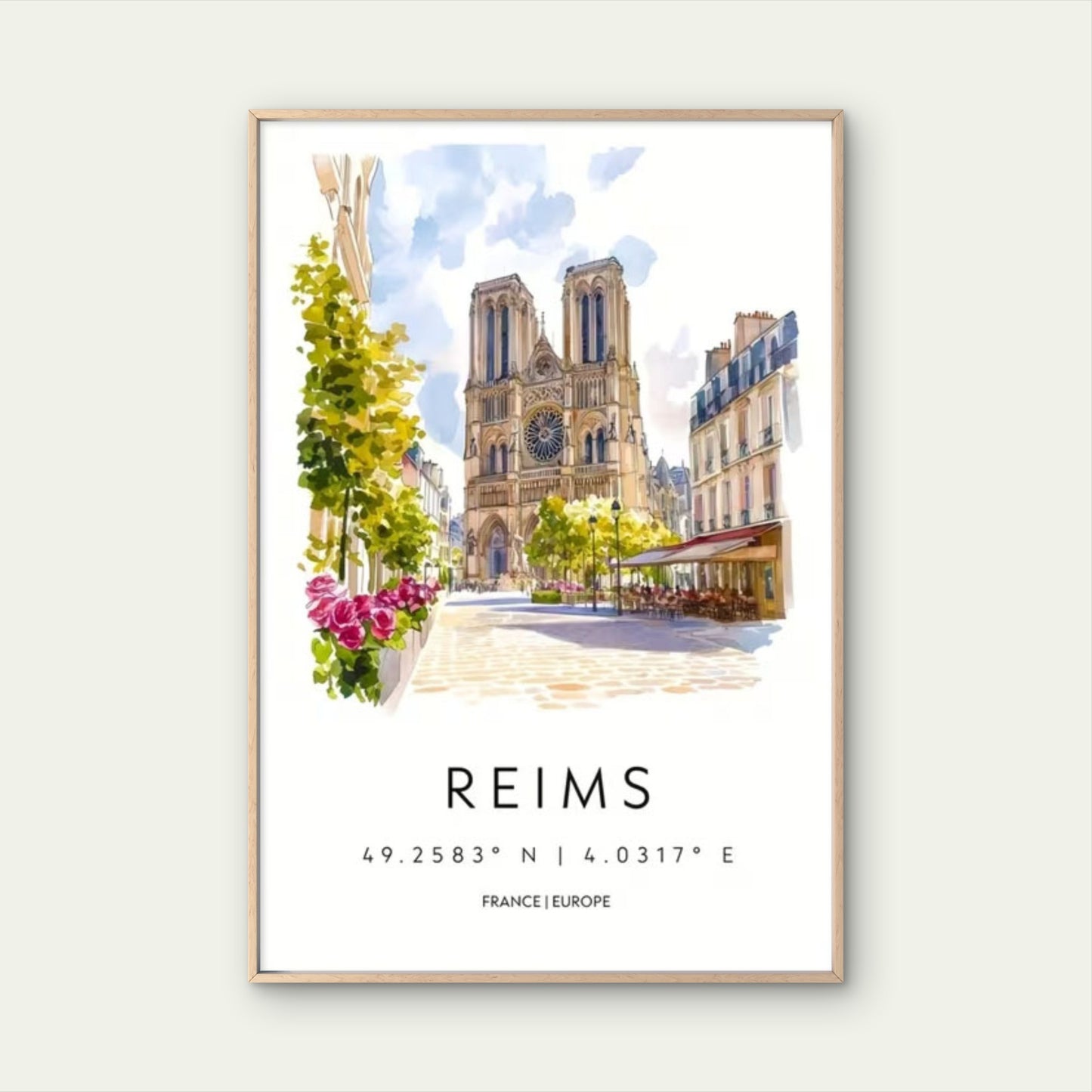 REIMS French Gothic Architecture Painting Travel Poster Print Wall Art