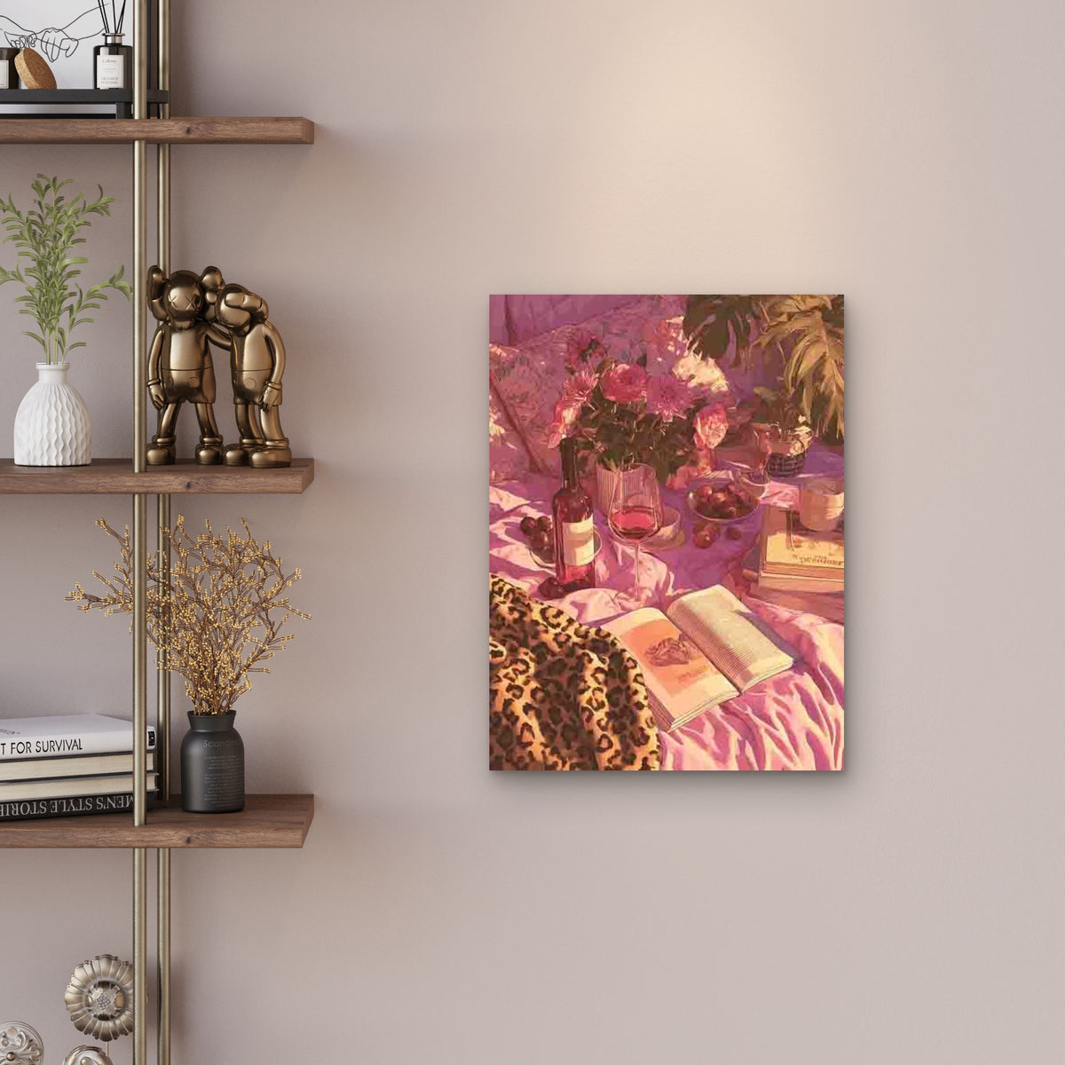 Pink Leopard Bedroom Wine in Bed Metal Print Ready to Hang
