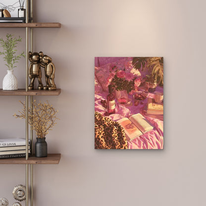 Pink Leopard Bedroom Wine in Bed Metal Print Ready to Hang