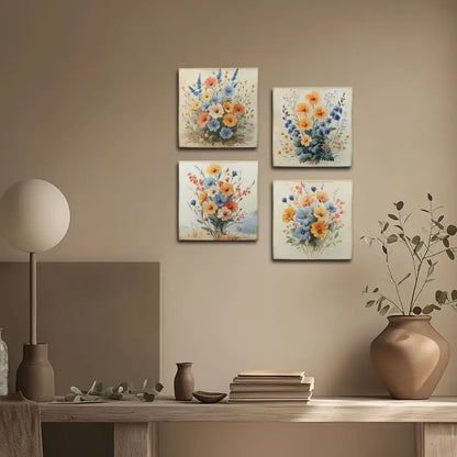 4pcs  Blooming Poppy Flowers Yellow And Blue Wall Art Canvas Framed
