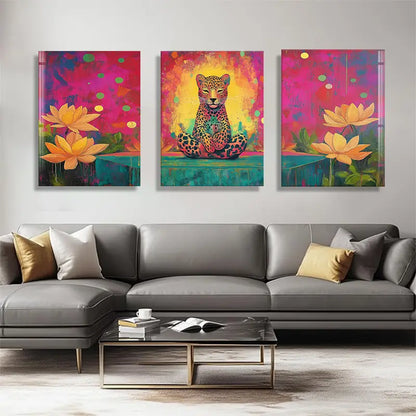 3pcs Majestic Leopard and Beautiful for Lotus Flowers Metal Print Ready to Hang Art