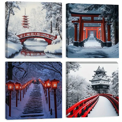 4pcs  Red Bridge, Snow Scenes, Stone     Wall Art Canvas Framed