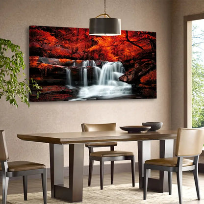 Waterfall Autumn Forest Red Forest Wall Art canvas office home room framed 120x60cm