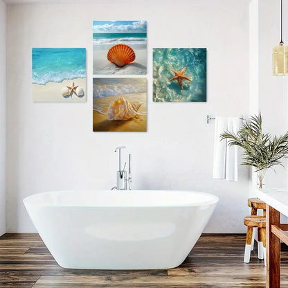 4pcs Sandy Beach,Starfish,Seashells,Sea Wall Art Canvas Framed