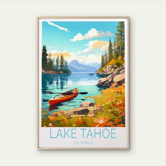 Lake Tahoe California, Pine Trees & Boat Travel Poster Print Wall Art