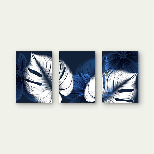 3pcs Monstera Palm Leaf Blue White Botanical Metal Print Ready to Hang Art