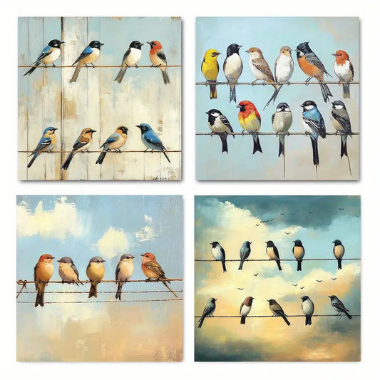 4pcs Abstract Colorful Birds Canvas Wall Art Canvas Framed