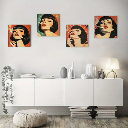 4pcs Retro Smoking Woman In Space Cosmic Tripp Wall Art Canvas Framed
